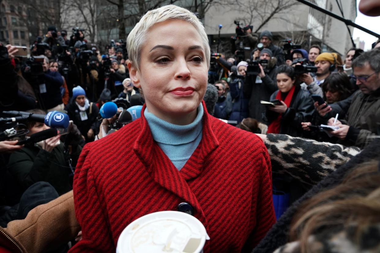 Actress Rose McGowan speaks during a press conference, after Harvey Weinstein arrived at State Supreme Court in Manhattan January 6, 2020 on the first day of his criminal trial on charges of rape and sexual assault in New York City. - Harvey Weinstein's high-profile sex crimes trial opens on Monday, more than two years after a slew of allegations against the once-mighty Hollywood producer triggered the #MeToo movement that led to the downfall of dozens of powerful men. The disgraced movie mogul faces life in prison if convicted in a New York state court of predatory sexual assault charges, in a trial expected to last six weeks. (Photo by TIMOTHY A. CLARY / AFP) (Photo by TIMOTHY A. CLARY/AFP via Getty Images)