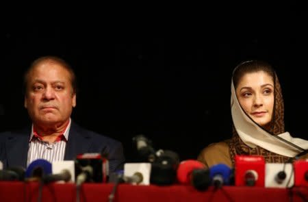 Ousted Prime Minister of Pakistan, Nawaz Sharif, appears with his daughter Maryam, at a news conference at a hotel in London, Britain July 11, 2018.  REUTERS/Hannah McKay