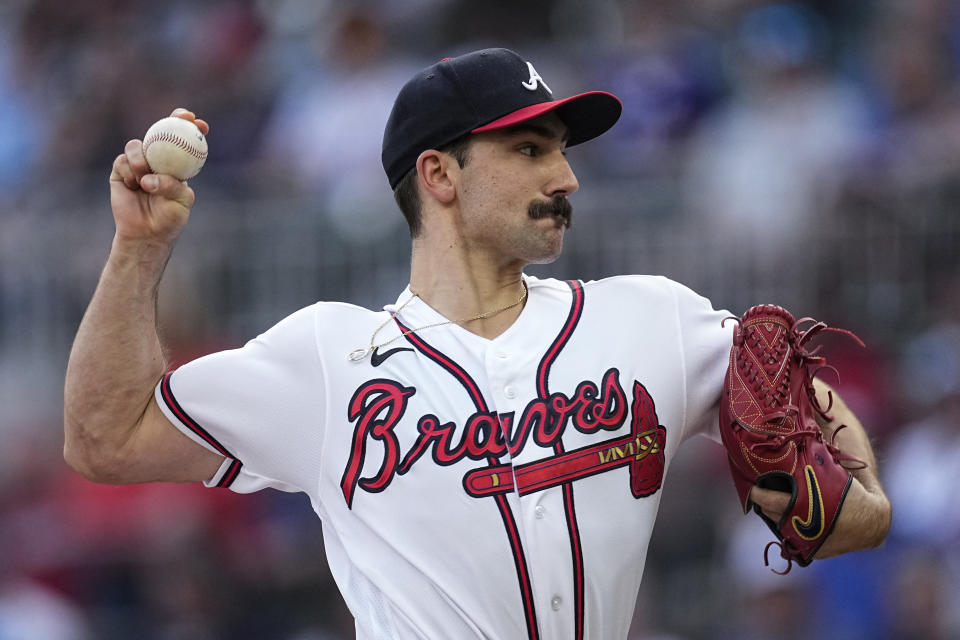 Atlanta Braves stating pitcher Spencer Strider delivers in the first inning of the team's baseball game against the New York Mets, Thursday, June 8, 2023, in Atlanta. (AP Photo/John Bazemore)