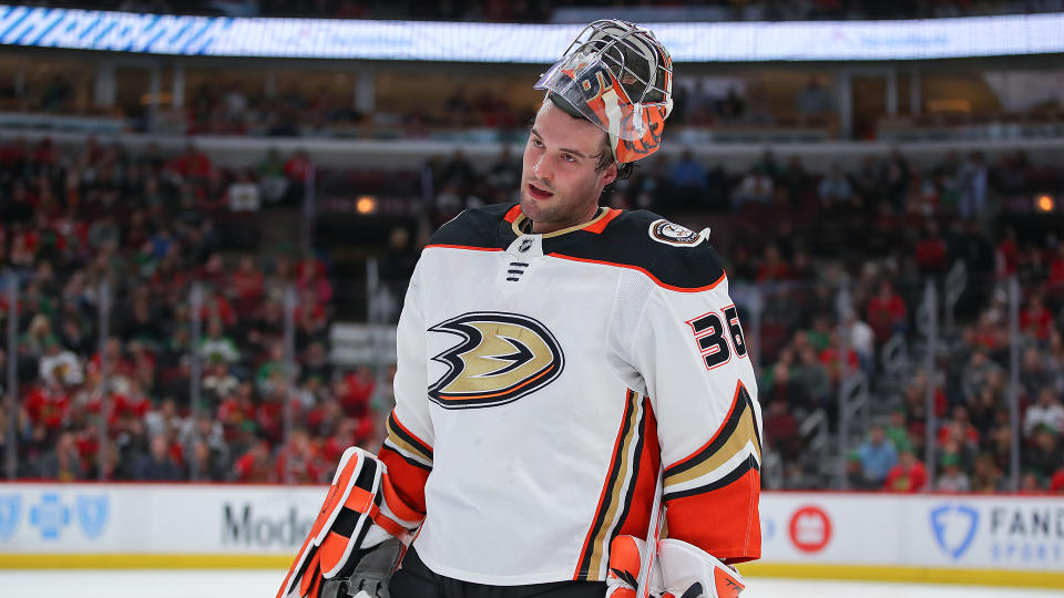 John Gibson is reportedly not interested in a trade to the Maple Leafs. (NHL photo by Melissa Tamez/Icon Sportswire via Getty Images)