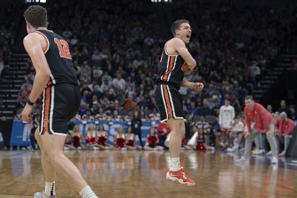 Princeton guard Blake Peters (24) reacts after making a 3-point shot during the second half of the team's first-round college basketball game against Arizona in the men's NCAA Tournament in Sacramento, Calif., Thursday, March 16, 2023. Princeton won 59-55. (AP Photo/José Luis Villegas)