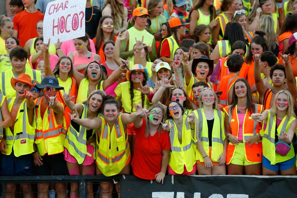 The Oconee County student section roots on their team during a GHSA high school football between Clarke Central and Oconee County in Watkinsville, Ga., on Friday Aug. 26, 2022. Oconee County won 33-9.