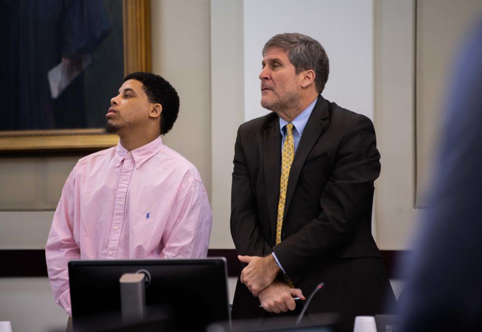 James Cowan sits down next to his defense attorney Ron Munkeboe as the jury walks into the court room at Justice A.A. Birch Building  in Nashville, Tenn., Thursday, Jan. 26, 2023. Cowan is one of the men who is charged with the murder of Caitlyn Kaufman.