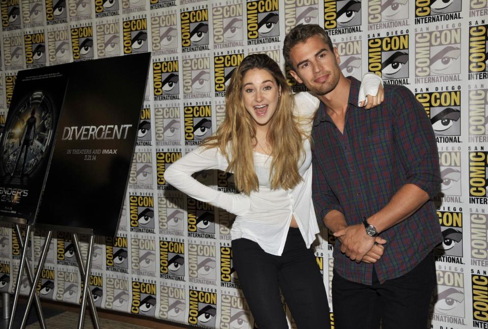 Shailene Woodley, left, and Theo James attend the "Divergent" press line on Day 2 of Comic-Con International on Thursday, July 18, 2013 in San Diego, Calif. (Photo by Chris Pizzello/Invision/AP)