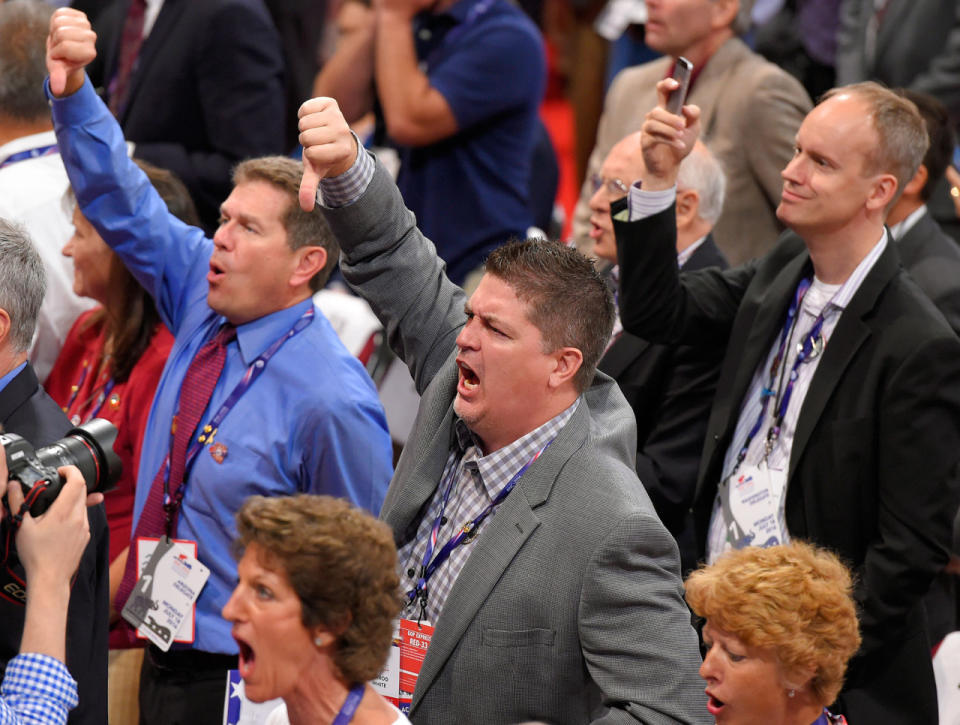 Convention floor erupts when no roll call taken to change rules to unbind delegates