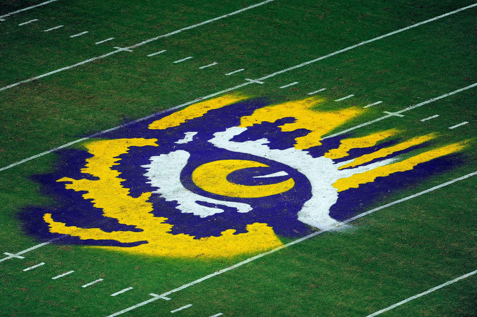 BATON ROUGE, LA - OCTOBER 12: Detailed view of the midfield logo at Tiger Stadium during a game between the LSU Tigers and the Florida Gators on October 12, 2013 in Baton Rouge, Louisiana. LSU defeated Florida 17-6. (Photo by Stacy Revere/Getty Images)