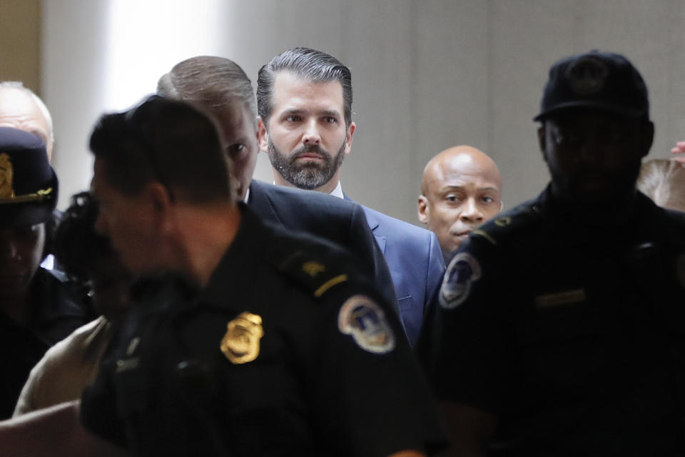 Donald Trump Jr., the son of President Donald Trump, arrives to meet privately with members of the Senate Intelligence Committee on Capitol Hill on Washington, Wednesday, June 12, 2019 (AP Photo/Pablo Martinez)