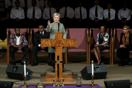 U.S. Democratic presidential candidate Hillary Clinton speaks during a worship service at the Mississippi Boulevard Christian Church in Memphis, Tennessee, February 28, 2016. REUTERS/Jonathan Ernst