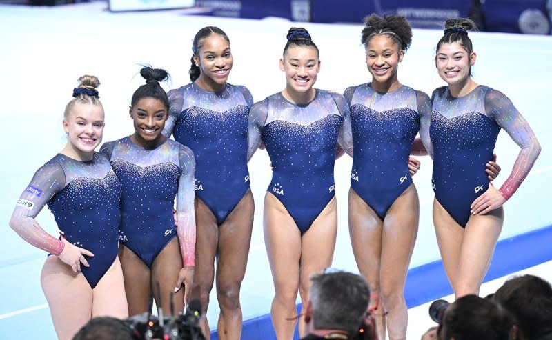 Team USA captures its seventh consecutive world gymnastics championships gold medal Wednesday in Antwerp, Belgium. From left, Joscelyn Roberson, Simone Biles, Shilese Jones, Leanne Wong, Skye Blakely, and Kayla Dicello. Photo courtesy of USA Gymnastics