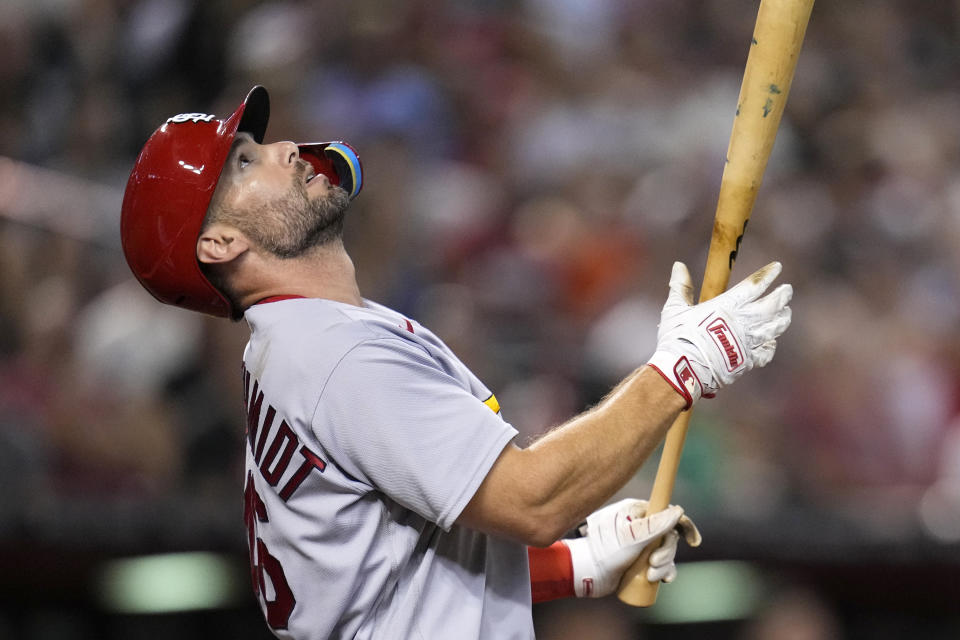 St. Louis Cardinals' Paul Goldschmidt watches the flight of his foul ball during the third inning of a baseball game against the Arizona Diamondbacks, Monday, July 24, 2023, in Phoenix. (AP Photo/Ross D. Franklin)