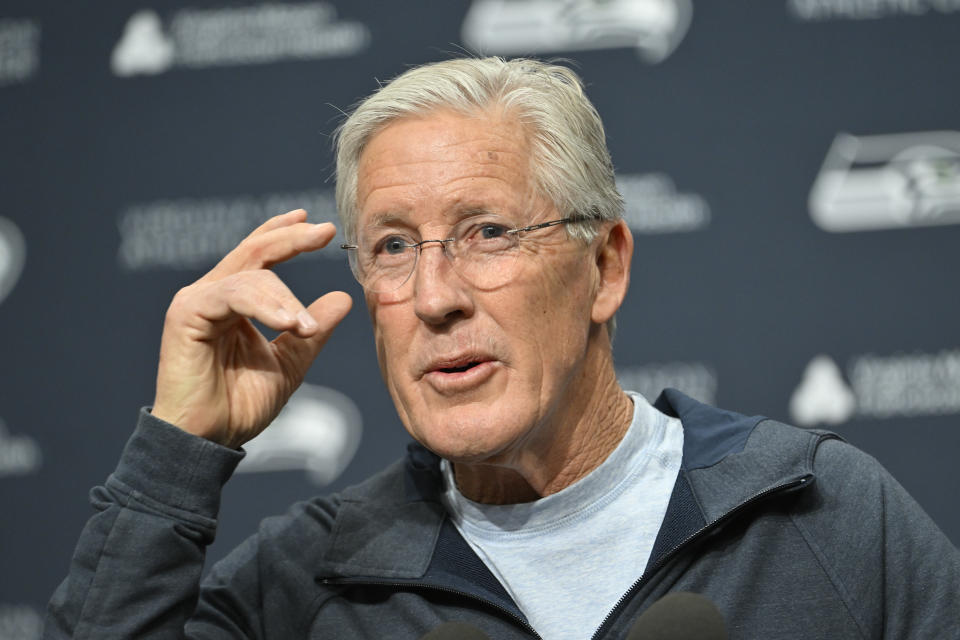 RENTON, WASHINGTON - JANUARY 10: Former Seattle Seahawks head coach Pete Carroll speaks at the Seattle Seahawks press conference at Virginia Mason Athletic Center on January 10, 2024 in Renton, Washington. (Photo by Alika Jenner/Getty Images)