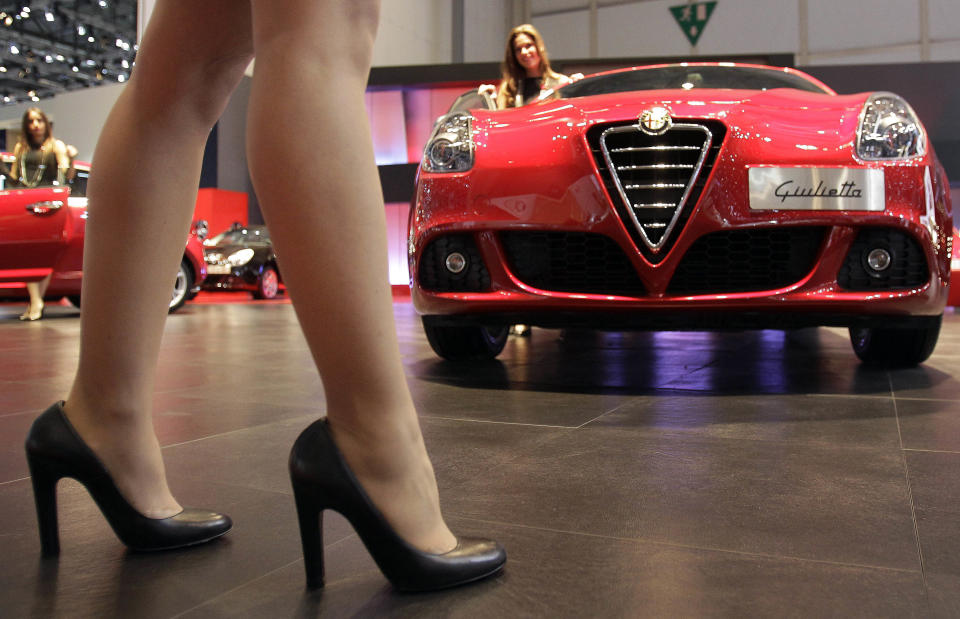 The Alfa Romeo Giulietta is on display on Wednesday, March 7, 2012 during the press preview days at the 82nd Geneva International Motor Show in Geneva, Switzerland.  The Motor Show will open it's doors to public from March 8 to 18, presenting more than 260 exhibitors and more than 180 world and European premieres. (AP Photo/Frank Augstein)