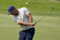 Brooks Koepka hits from the 15th fairway during a practice round of the U.S. Open Golf Championship, Wednesday, June 16, 2021, at Torrey Pines Golf Course in San Diego. (AP Photo/Marcio Jose Sanchez)