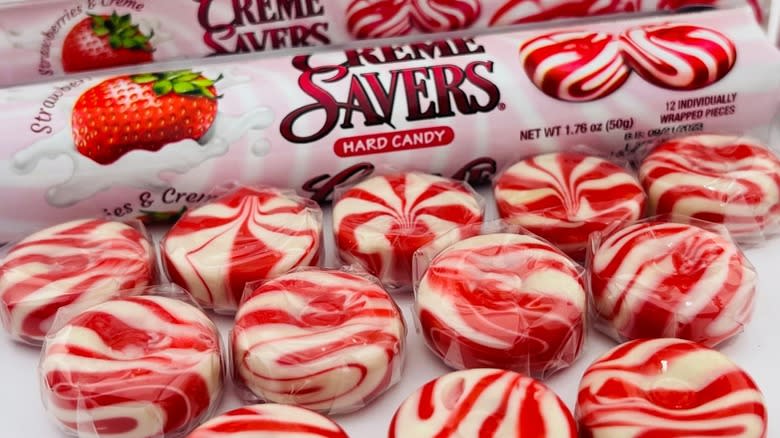 Close-up of strawberry swirl Creme Savers hard candy