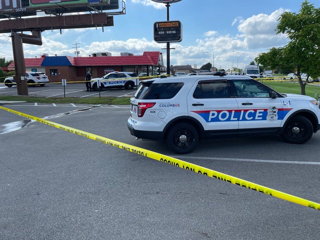 Columbus police investigate a shooting around 2:20 p.m. Saturday near the Dairy Queen at 1519 Shrock Road on the city's Northeast Side that left one person dead at the scene and sent another wounded to a hospital.