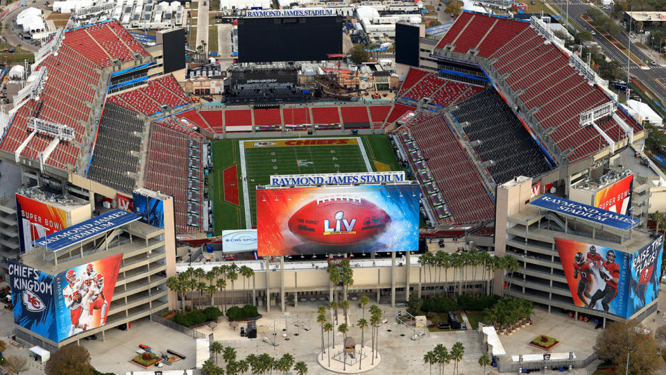 An aerial view of Raymond James Stadium ahead of Super Bowl LV on January 31, 2021 in Tampa, Florida. (Mike Ehrmann/Getty Images)