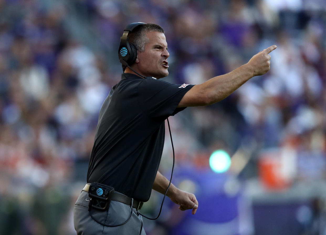 FORT WORTH, TEXAS - OCTOBER 26:  Defensive coach Todd Orlando of the Texas Longhorns reacts during play against the TCU Horned Frogs in the second half at Amon G. Carter Stadium on October 26, 2019 in Fort Worth, Texas. (Photo by Ronald Martinez/Getty Images)