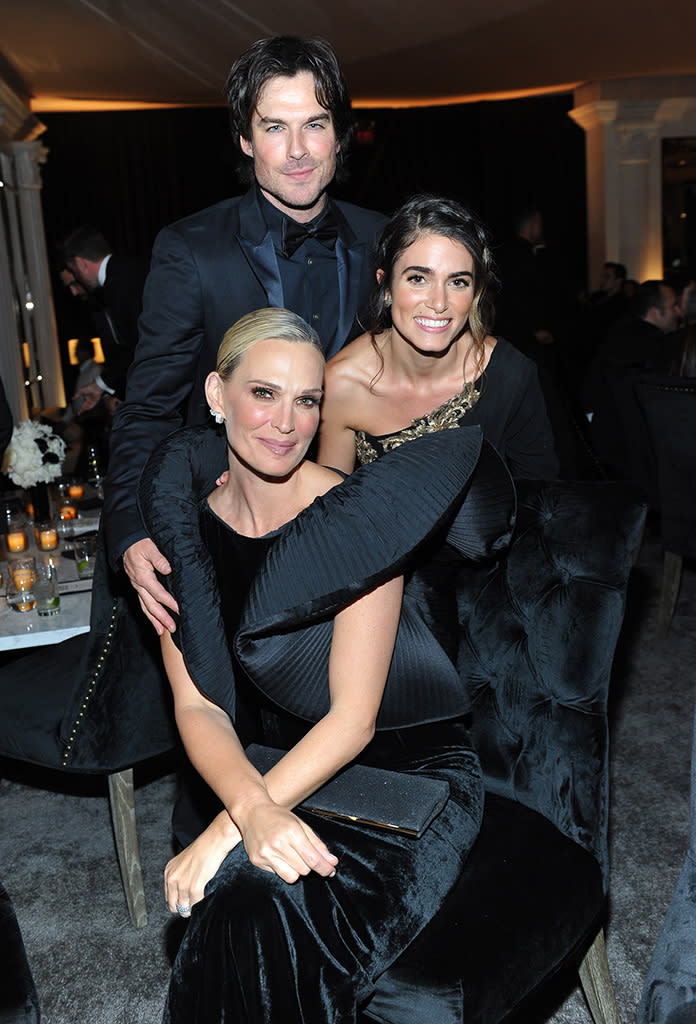 <p>Molly Sims third-wheeled with Ian Somerhalder and Nikki Reed at the Warner Bros. and InStyle party. (Photo: Donato Sardella/Getty Images for InStyle) </p>