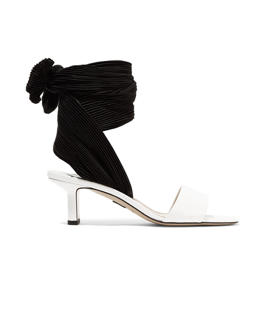 Paul Andrew Kogan glossed-leather and plissé-satin sandals, $373, net-a-porter.com.