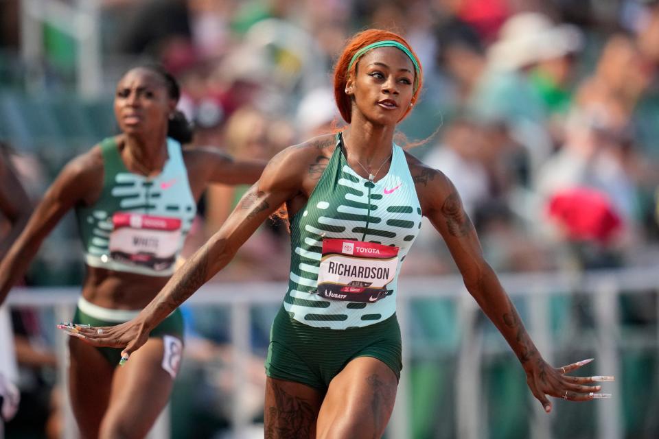 Sha'Carri Richardson wins her heat in the women's 100-meter preliminary race during the U.S. track and field championships in Eugene, Oregon.