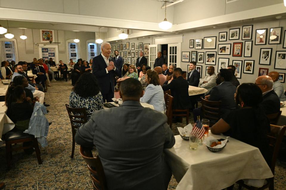 President Joe Biden speaks to supporters and volunteers during a campaign event at Mary Mac's Tea Room in Atlanta, Georgia on May 18, 2024.