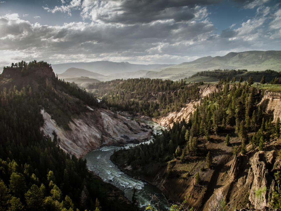 A river courses through the jagged canyon of Yellowstone National Park while clouds loom above.