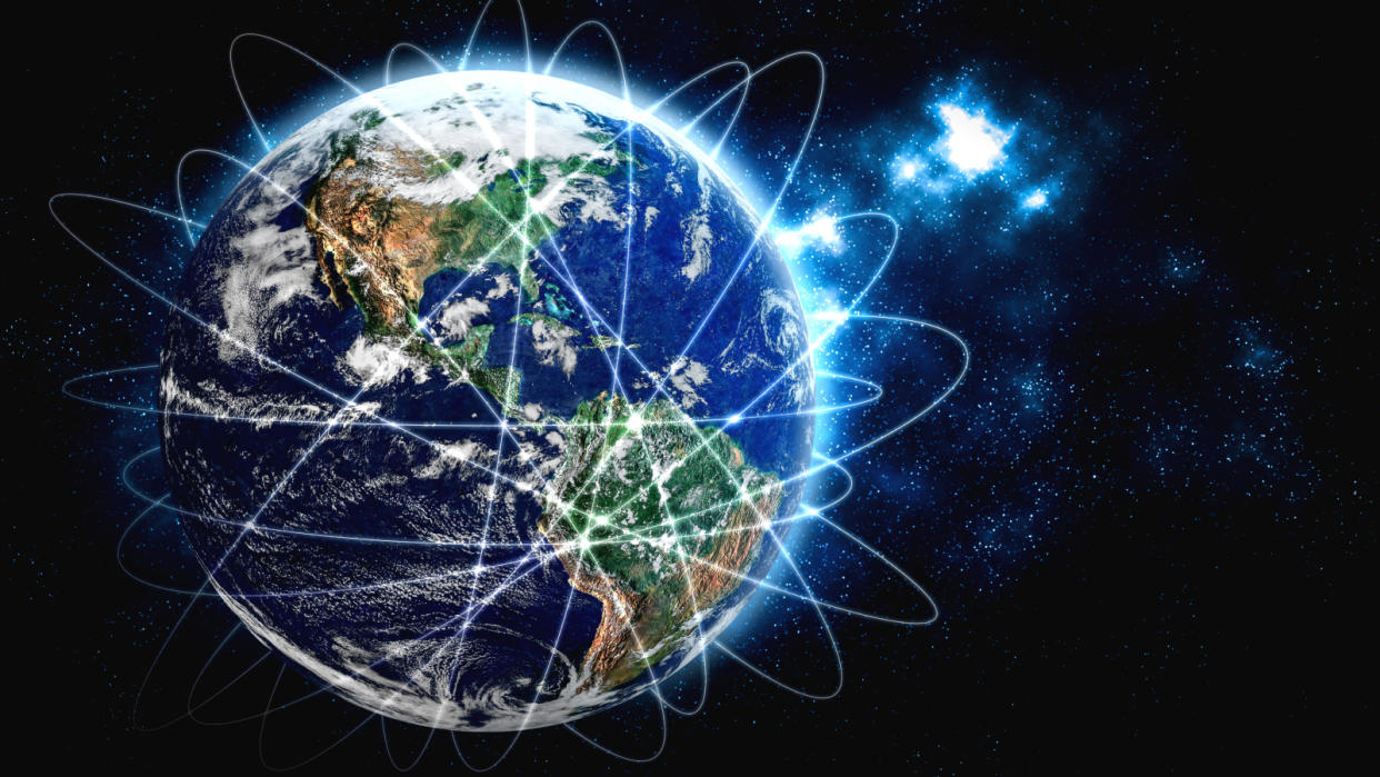  Global network connection covering the earth with lines of innovative perception. 