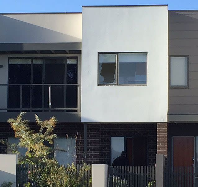 A window shattered by bullets during a shooting at Stephen Danks Ascot Vale townhouse. Photo: @MelinaSarris7