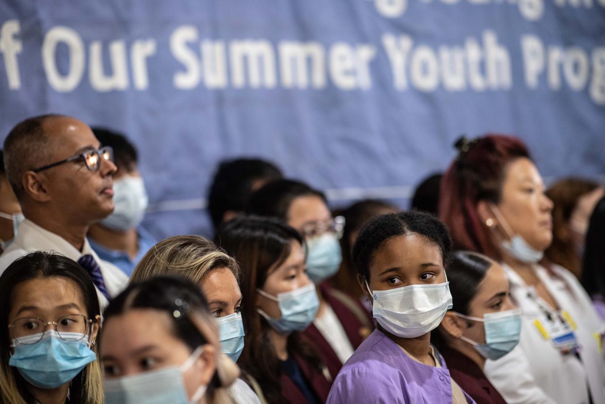 Members of the Maimonides Medical Center staff listening to New York City Mayor Eric Adams on Thursday, July 7, 2022.