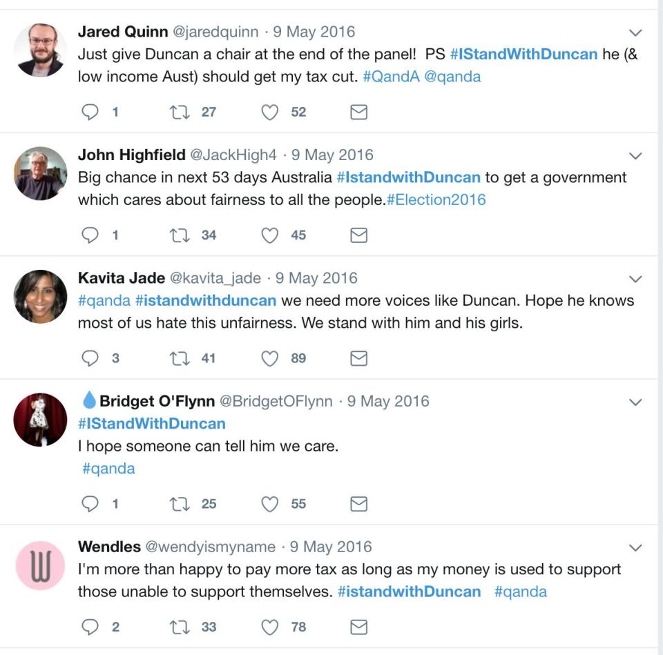 Twitter lit up with support for Duncan Storrar on the night he appeared on the ABC. Source: Twitter 