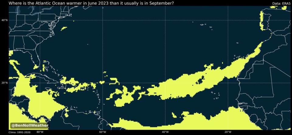 Mapa que muestra los lugares del océano Atlántico tropical donde las temperaturas del 17 de junio fueron superiores a las temperaturas promedio de los mismos lugares en septiembre. Ben Noll