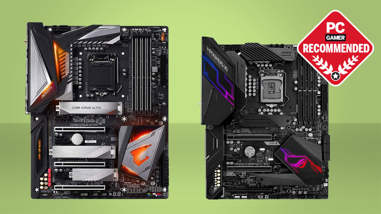  Best gaming motherboards: Two of the best Intel and AMD chipsets side by side on a green background 