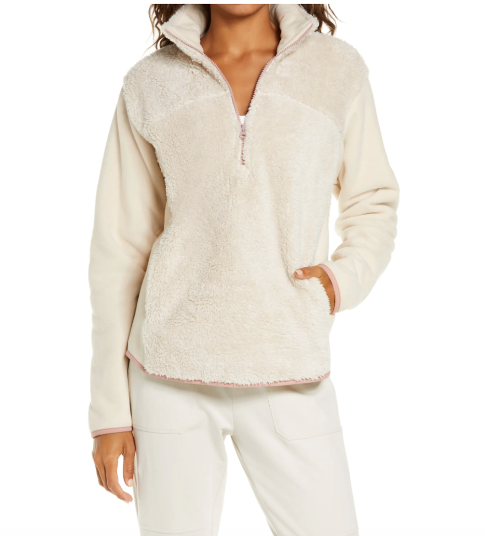 Zella Glacier Furry Fleece Jacket in Beige Pumice (Photo via Nordstrom)