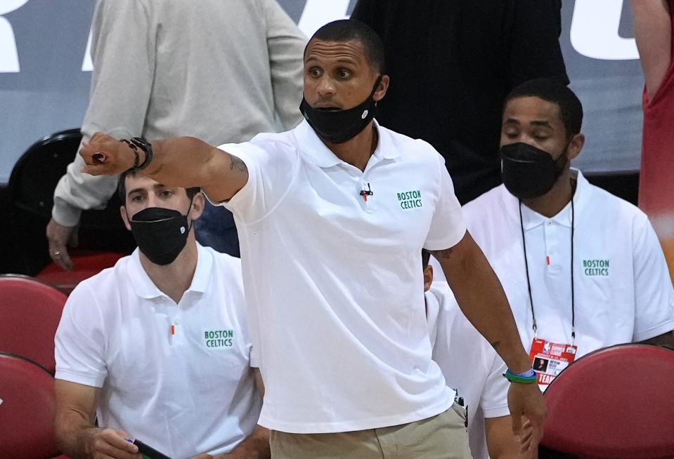 Aug 12, 2021; Las Vegas, Nevada, USA; Boston Celtics Summer League head coach Joe Mazzulla reacts during a game against the Orlando Magic at Cox Pavilion. Mandatory Credit: Stephen R. Sylvanie-USA TODAY Sports