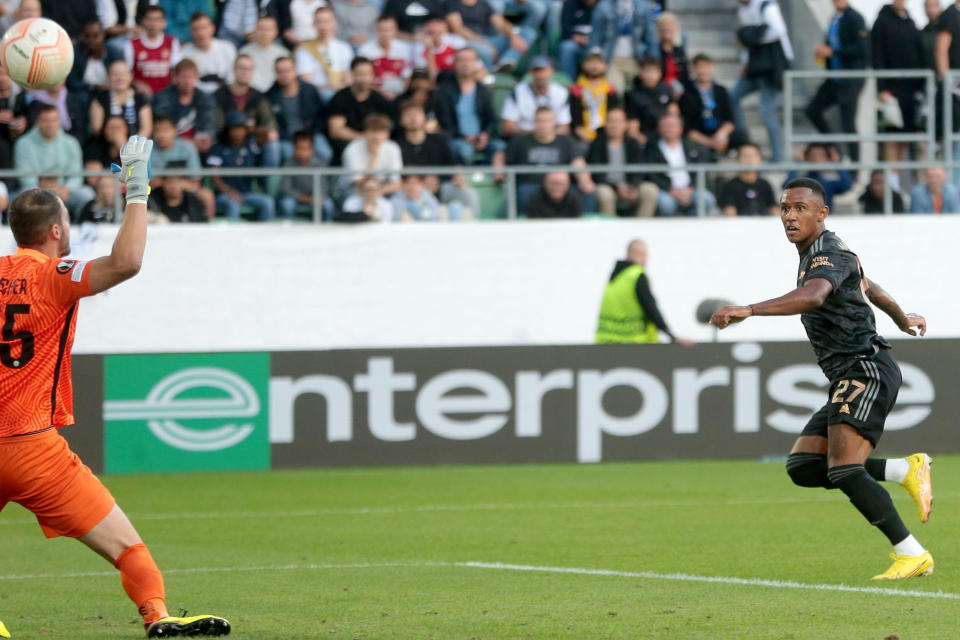 ST GALLEN, SWITZERLAND - SEPTEMBER 08: Marquinhos of Arsenal FC scores his team's first goal during the UEFA Europa League group A match between FC Zürich and Arsenal FC at Kybunpark on September 8, 2022 in St Gallen, Switzerland. (Photo by Harry Langer/DeFodi Images via Getty Images)