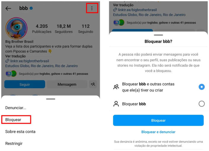 <em>Bloqueie a conta do BBB no Instagram para não visualizar conteúdo sobre o programa (Imagem: Rodrigo Folter/Captura de tela)</em>