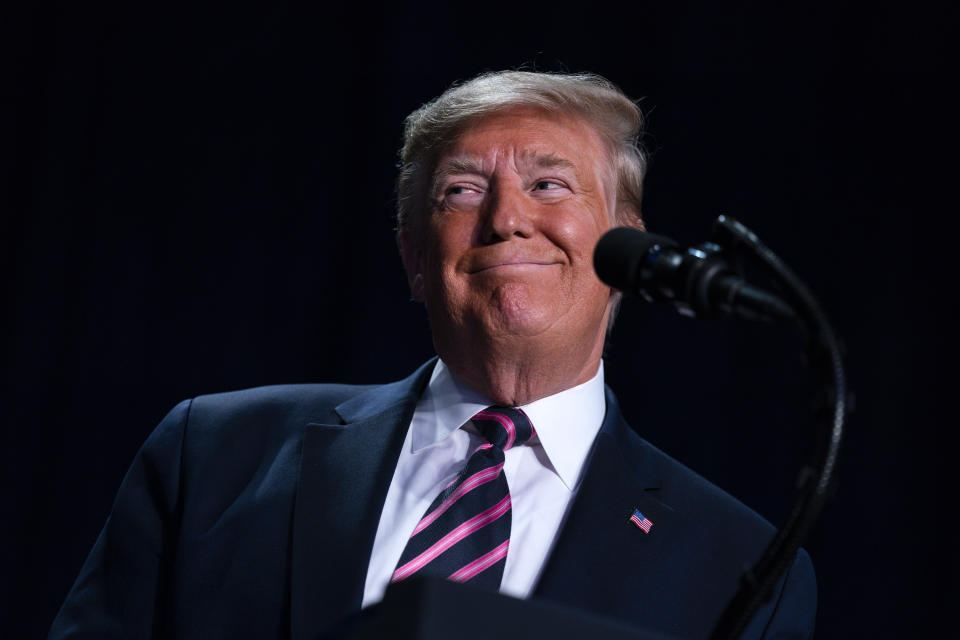 President Donald Trump smiles as he speaks at the 68th annual National Prayer Breakfast, at the Washington Hilton, Thursday, Feb. 6, 2020, in Washington. (AP Photo/ Evan Vucci)