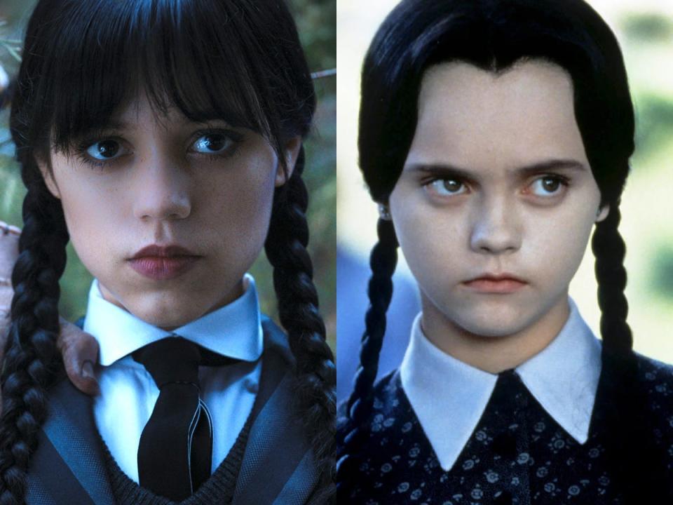 Jenna Ortega as Wednesday Addams and Christina Ricci as Wednesday Addams.