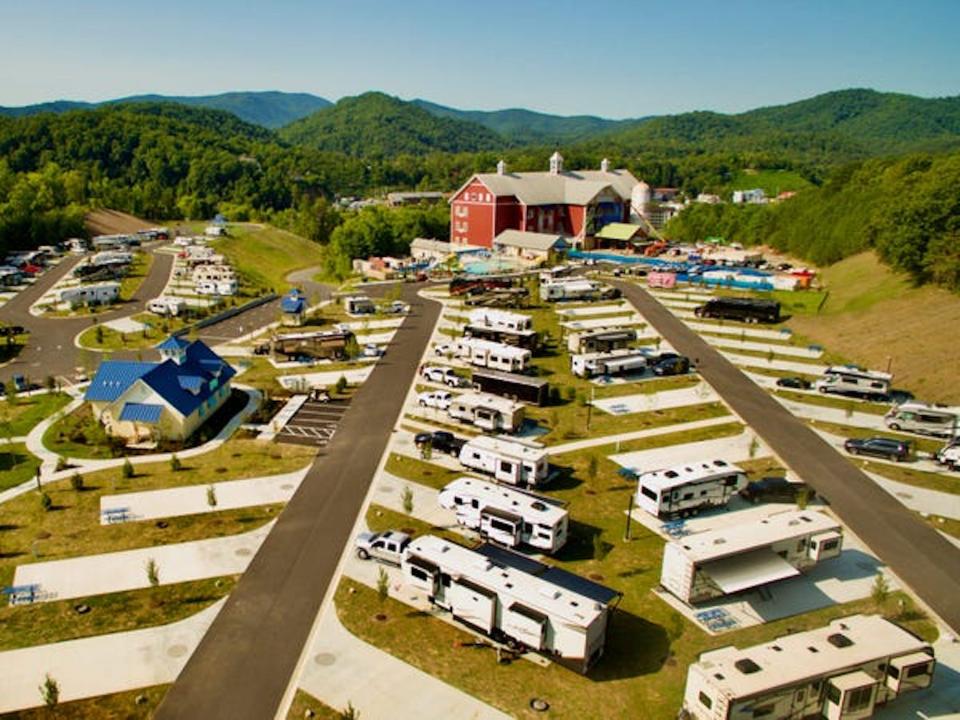 Rows of parked RVs at a Camp Margaritaville.