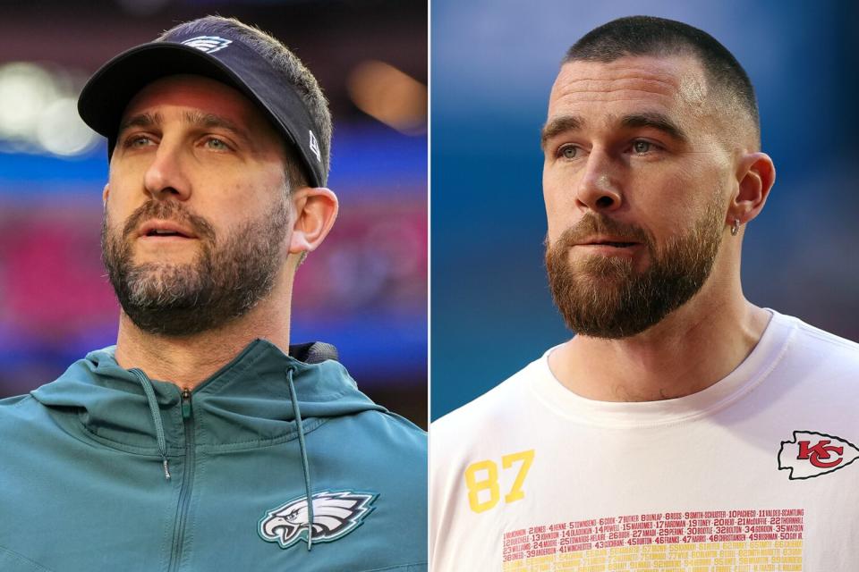 GLENDALE, AZ - FEBRUARY 12: Nick Sirianni of the Philadelphia Eagles greets players against the Kansas City Chiefs prior to Super Bowl LVII at State Farm Stadium on February 12, 2023 in Glendale, Arizona. (Photo by Cooper Neill/Getty Images); GLENDALE, ARIZONA - FEBRUARY 12: Travis Kelce #87 of the Kansas City Chiefs warms up before playing against the Philadelphia Eagles in Super Bowl LVII at State Farm Stadium on February 12, 2023 in Glendale, Arizona. (Photo by Christian Petersen/Getty Images)