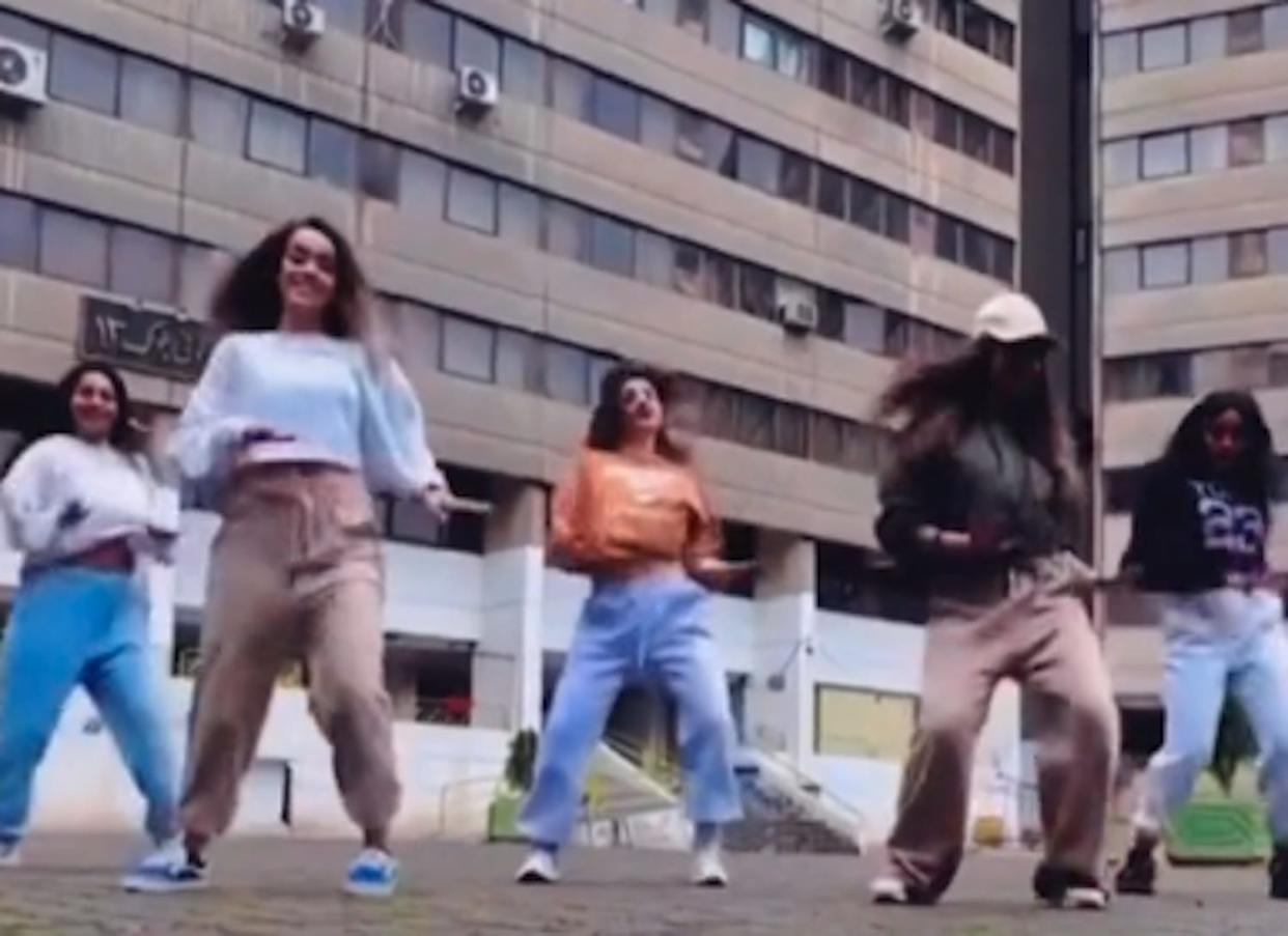Teenage girls dance to "Calm Down" by Selena Gomez and Rema