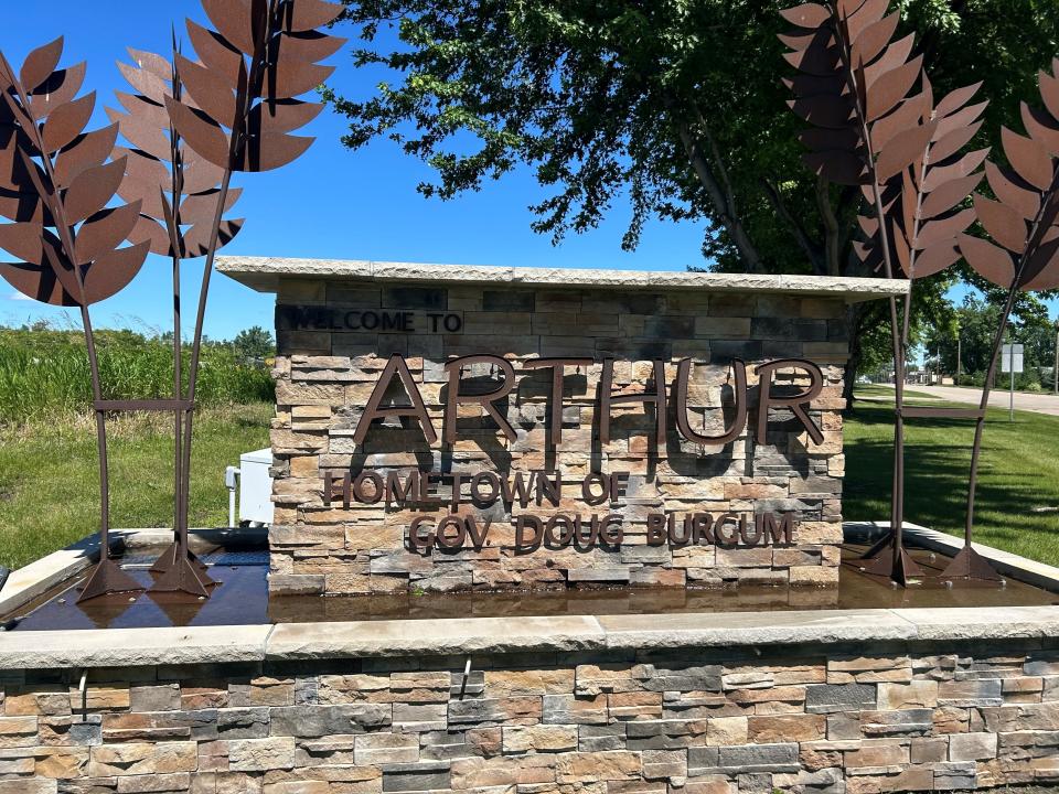A sign welcoming visitors to Arthur, North Dakota notes hometown hero Gov. Doug Burgum.
