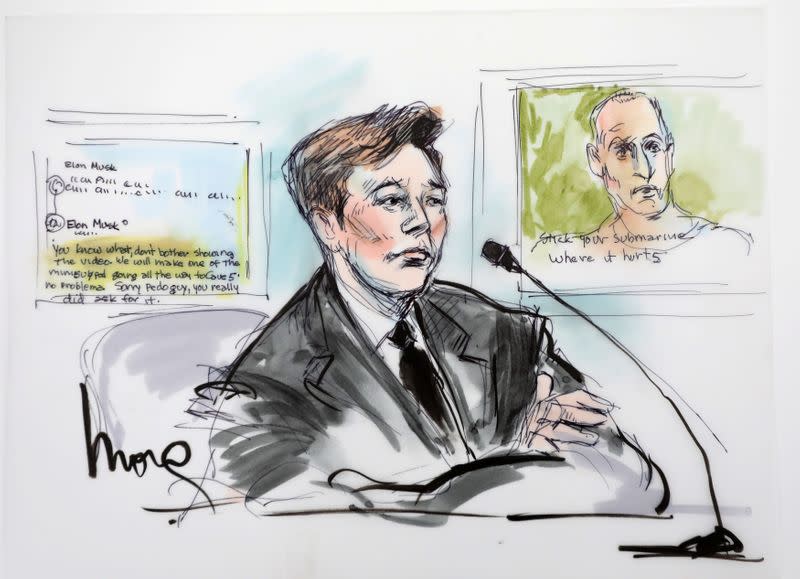 Elon Musk is shown in a courtroom drawing in court during the trial in a defamation case filed by British cave diver Vernon Unsworth, in Los Angeles, California