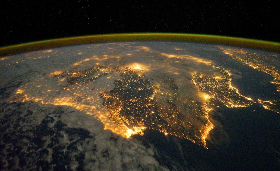 The city lights of Spain and Portugal define the Iberian Peninsula in this photograph from the International Space Station (ISS). Several large metropolitan areas are visible, marked by their relatively large and brightly lit areas, including the capital cities of Madrid, Spain—located near the center of the peninsula’s interior—and Lisbon, Portugal—located along the southwestern coastline. The ancient city of Seville, visible to the north of the Strait of Gibraltar, is one of the largest cities in Spain. The astronaut view is looking toward the east, and is part of a time-lapse series of images.