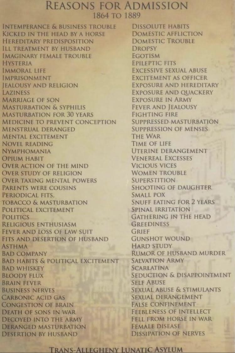 A long list of "Reasons for Admission 1864 to 1889," including female disease, feebleness of intellect, sexual derangement, self-abuse, desertion by husband, asthma, bad whiskey, grief, gunshot wound, snuff eating for 2 years, and fell from horse in war