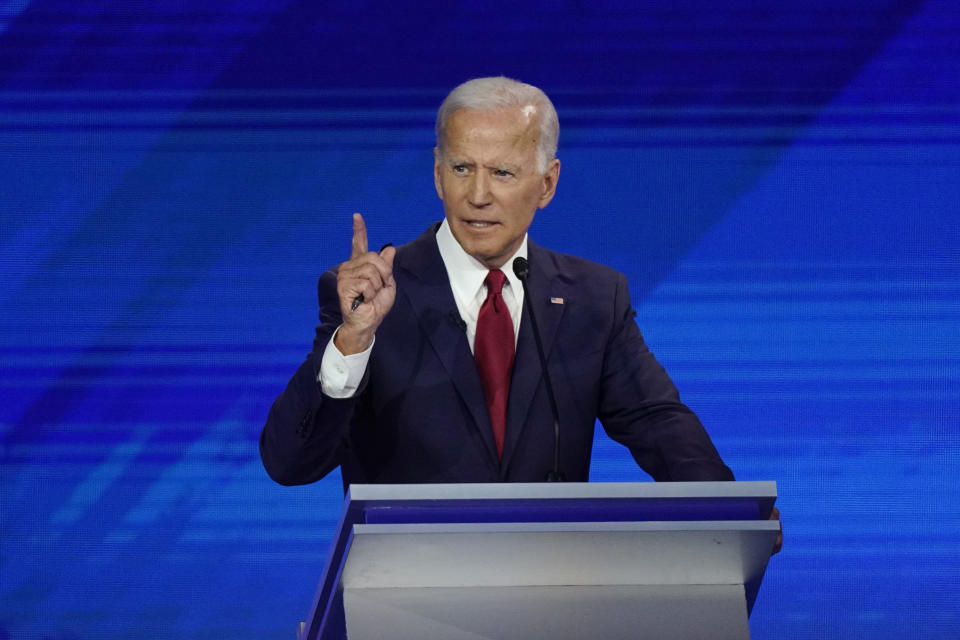 Former Vice President Joe Biden responds to a question Thursday, Sept. 12, 2019, during a Democratic presidential primary debate hosted by ABC at Texas Southern University in Houston. (AP Photo/David J. Phillip)