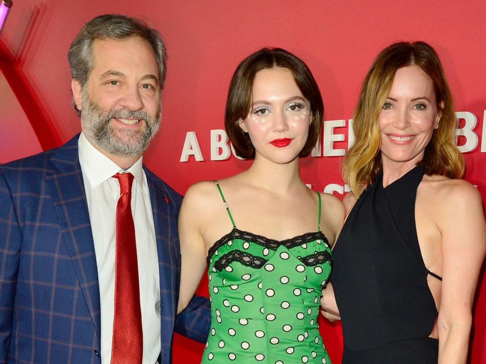 Judd Apatow, Iris Apatow and Leslie Mann attend the Los Angeles Premiere of Universal Pictures' "Bros" at Regal LA Live on September 28, 2022 in Los Angeles, California