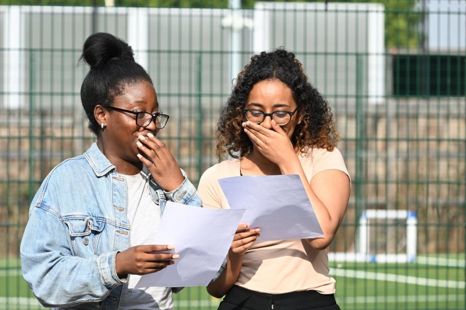 Hajar Jamal and Rachel Taiwoe (left) at A Level results day at The Harris Academy in Tottenham (Jeremy Selwyn)