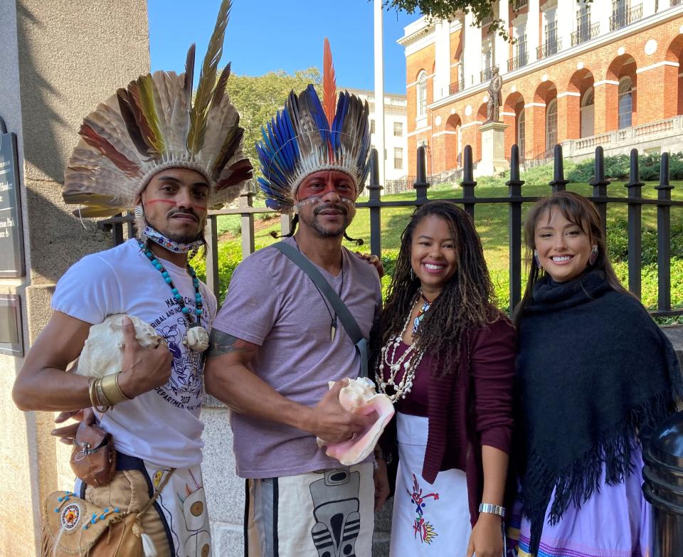 Testifying in support of changing Columbus Day to Indigenous Peoples Day were, from left, Bairaniki Colon of Chelsea, Felipe Kalatauma of Brighton, Pamela Rosario Perez of Cambridge and Tia Alexi Roberts of Haverhill.