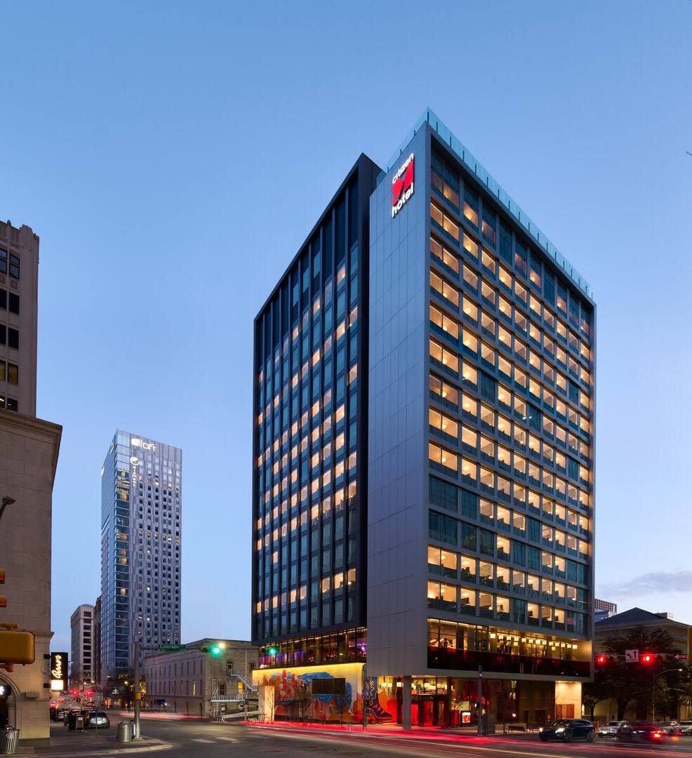 The newly opened CitizenM Austin Downtown luxury hotel is a 17-story tower at 617 Colorado St.